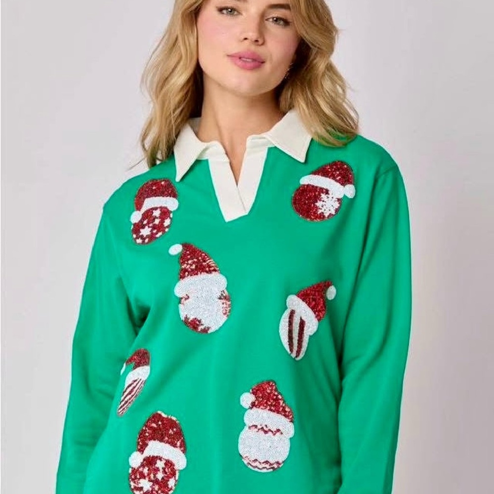 NEW Festive Green Holiday Christmas Sweater with Sequin Santa Hat Design